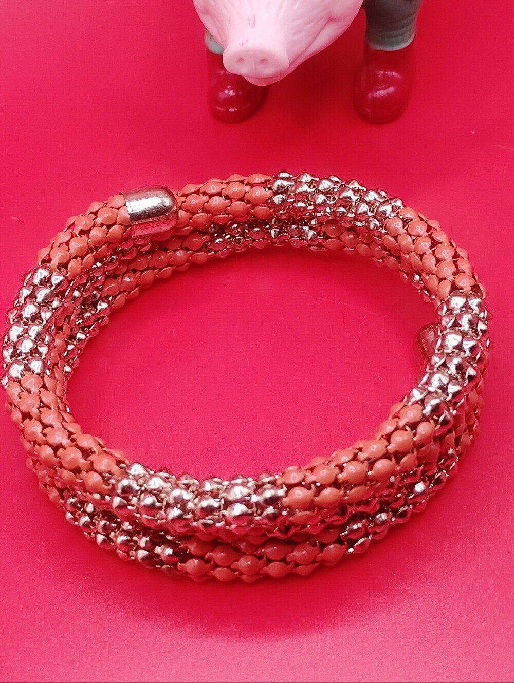 Coral Beaded Coil Bracelet with Golden Accents